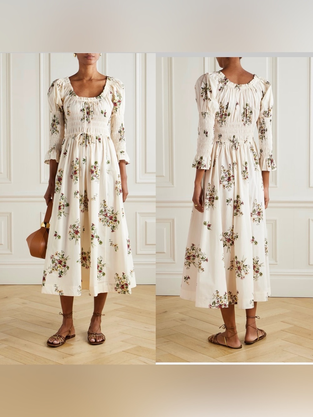 Doen Kaira Shirred Floral-Print Organic Cotton Poplin Midi Dress Size XS - Picture 2 of 7